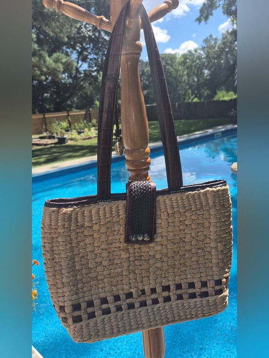 Brighton Handbags - Brighton Woven Straw Shoulder bag featuring brown croc-embossed leather trim